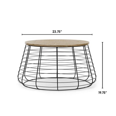 Modern Farmhouse 24'' Round Coffee Table with Distressed Wood and Black Metal