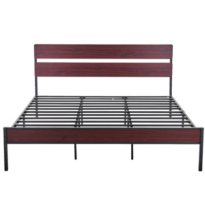 VECELO Queen/King Size Bed Frame with Wooden Headboard, Metal Bed Platform No Box Spring Needed with Heavy Duty Steel Slat, Brown