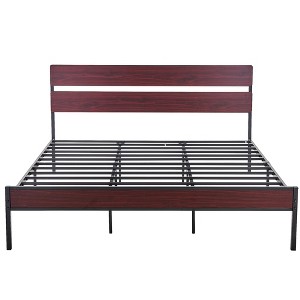 VECELO Queen/King Size Bed Frame with Wooden Headboard, Metal Bed Platform No Box Spring Needed with Heavy Duty Steel Slat, Brown - 1 of 4