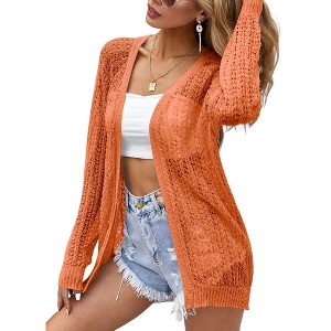 Coolmee Women's Crochet Cardigan Sweater Long Sleeve Open Front Lightweight Boho Cover Up Summer Knit Cardigans - 1 of 4