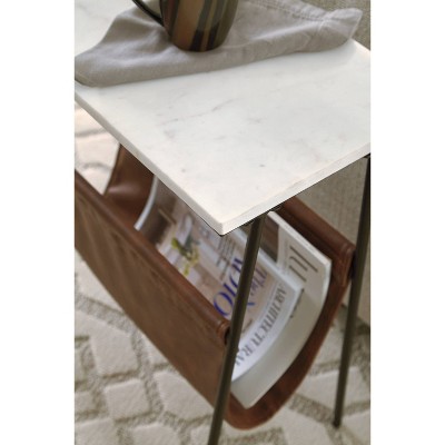 Transitional Black Metal & White Marble Side Table with Brown Faux Leather Magazine Holder