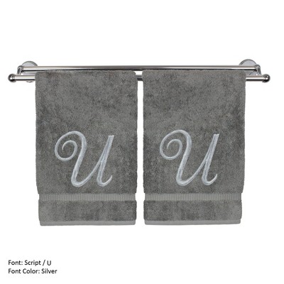 BC BARE COTTON Monogrammed Hand Towel, 100% Turkish Cotton - Set of 2 - Gray - Silver Script