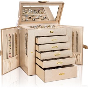 Large Lockable Leather Jewelry Box with Mirror, Huge Organizer Storage Case for Necklaces, Earrings, Rings, Bracelets - 1 of 4