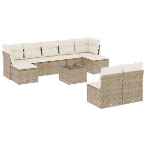 vidaXL 10 Piece Patio Sofa Set with Cushions Beige Poly Rattan - Beige and Cream With Table - 1 of 4