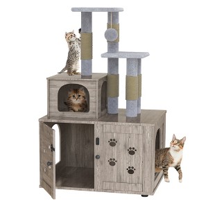 Hooseng Cat Litter Box Enclosure with Tree Tower and Condo, Hidden Washroom Wooden Cat Furniture with Sisal Scratching Post and Soft Plush Perch - 1 of 4