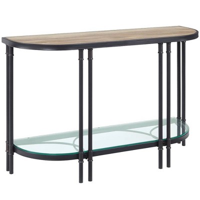 Oak Wood Grain & Sandy Black Metal Demilune Console Table with Glass Shelf