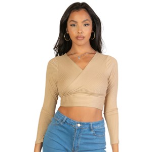 Slickblue Women's Long Sleeve Ribbed Wrap Top, V-Neck Fitted Knit Shirt, Color Options, Size S-L - 1 of 4