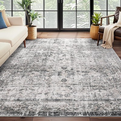 Washable Area Rugs, Soft Low Pile Large Boho Rugs for Living Room Indoor Non-Slip Carpet Vintage Distressed Rugs for Bedroom Dining Room
