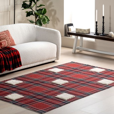 Red and Beige Wool Synthetic Checkered Plaid Area Rug 2' x 3'