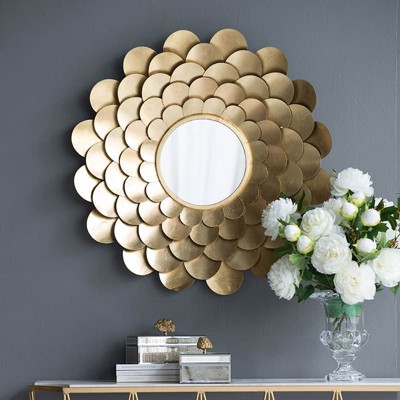 Wooakway 32"H Iron Decorative Wall Mirrors Floral Accent Mirror in Gold Bathroom Vanity Mirror