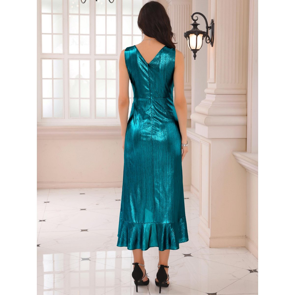 Женские платья INSPIRE CHIC Women's V-Neck Ruffled Hem Wrap Tie Sleeveless Metallic Midi Dress Peacock Blue Large — фото 4