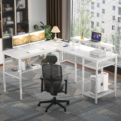 Besiost L Shape Desk with Charging Station, Computer Desk with LED Light and Open Storage Shlves