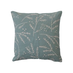 Storied Home Square Cotton Slub Pillow with Floral Embroidery, Mint Color and White - 1 of 2