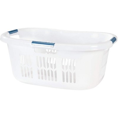 Rubbermaid 2.1-Bushel Small Hip-Hugger Portable Plastic Laundry Basket with Grab-Through Handles, White