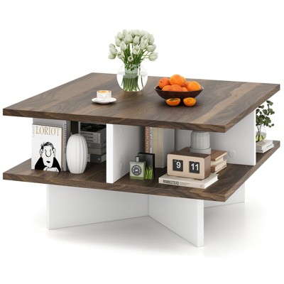 Tangkula 2-Tier Square Coffee Table w/ Storage Farmhouse Modern Accent Table Center Table