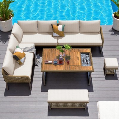 6-Piece Outdoor Modular Patio Furniture Set with Rope Weave Sofas,Table with Ice Box, Thick Cushions, Adjustable Feet