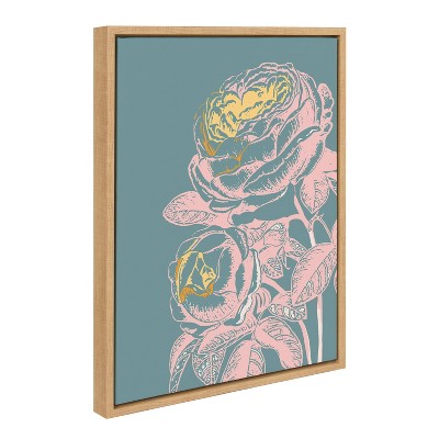 18" x 24" Teal and Pink Floral Canvas with Natural Frame