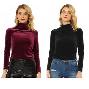 INSPIRE CHIC Women's Solid Turtleneck Velvet Long Sleeve Work Basic Velour Blouse 2 Packs - 1 of 4