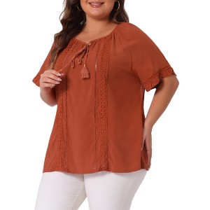 Agnes Orinda Women's Plus Size Lace Hollow Out Tassel Ruffle Boho Blouses - 1 of 4