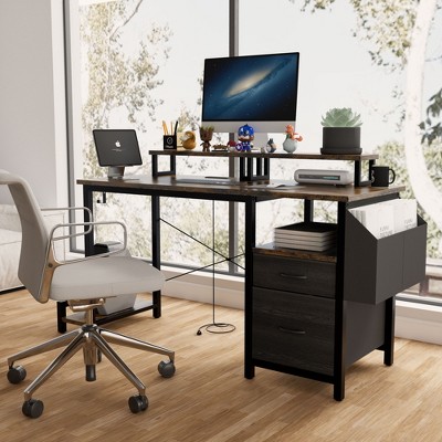 CAVINAS Home Office Desk Morden Reversible Computer Desk with Monitor Stands, 2 Drawers and Side Pocket for Work, Study