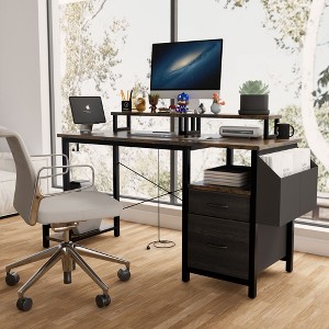 CAVINAS Home Office Desk Morden Reversible Computer Desk with Monitor Stands, 2 Drawers and Side Pocket for Work, Study - 1 of 4