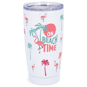Elanze Designs 20 oz Stainless Steel On the Go Insulated Travel Tumbler With Push Top Lid, On Beach Time Flamingo White - 1 of 4