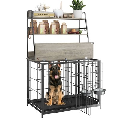57.1"H Dog Crate Furniture with 3-Layer Storage Shelves, Double Doors Dog Kennel with 2 Stainless Steel Bowls, Flip Top Dog Cage with Removable Tray