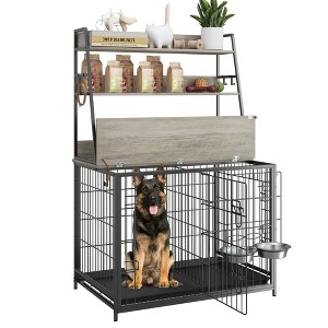 57.1"H Dog Crate Furniture with 3-Layer Storage Shelves, Double Doors Dog Kennel with 2 Stainless Steel Bowls, Flip Top Dog Cage with Removable Tray - 1 of 4