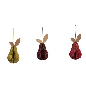 Storied Home Handmade Recycled Paper Folding Honeycomb Pear Ornament with Glitter, Set of 3 Colors - 1 of 3