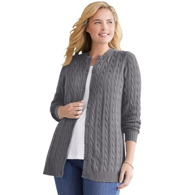 Woman Within Plus Size Cotton Cable Knit Cardigan Sweater