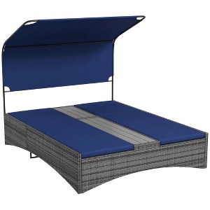 Resenkos Outdoor Elegance PE Rattan Double Chaise Lounge, Reclining Daybed With Canopy, Composite Wood-Plastic Middle Table, Dark Blue - 1 of 4