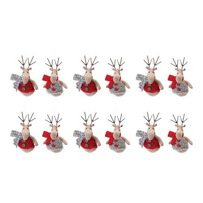 Festive Red and Gray Plush Deer Ornaments Set with Sweaters