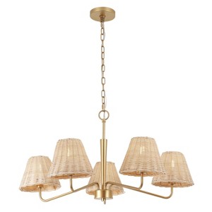 JONATHAN Y Libby 30" 5-Light Modern Coastal Sleek Woven Rattan/Iron LED Chandelier - 1 of 4