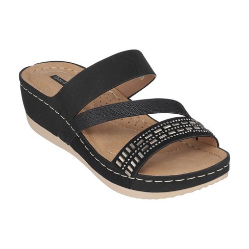 GC Shoes Tera Black 6 Embellished Comfort Slide Wedge Sandals