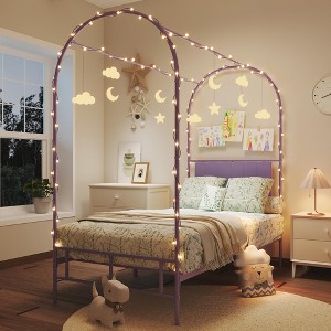 Twin Canopy Bed Frame with Upholstered Headboard, Metal Canopy Bed Frame with Under-Bed Storage & Strong Slats Support, No Box Spring Needed - 1 of 4
