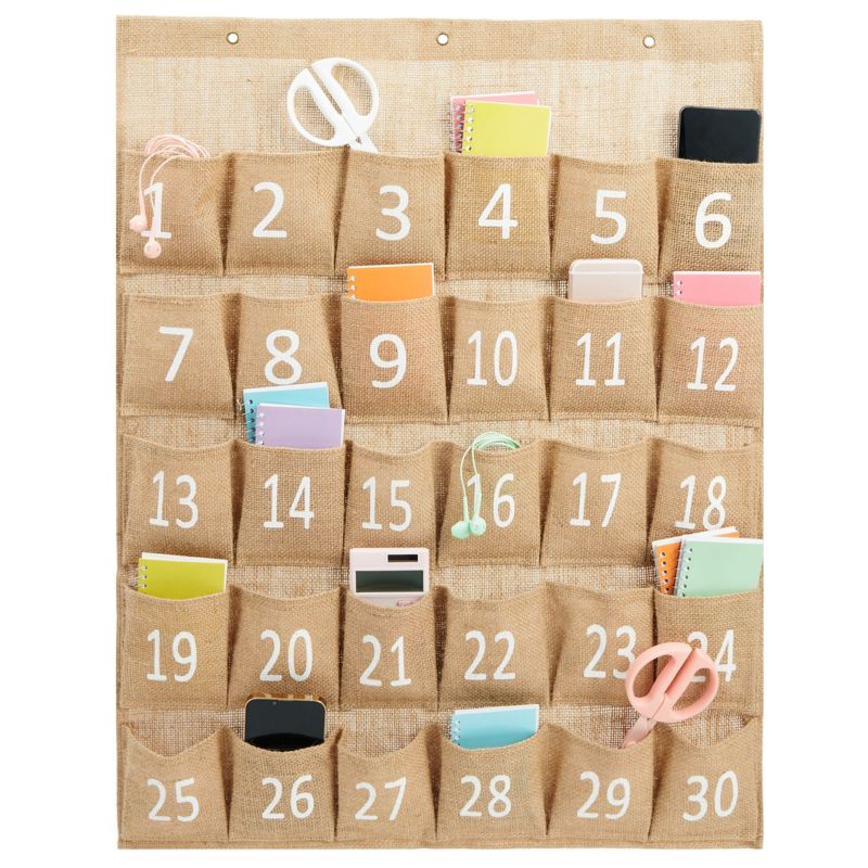 Juvale 30-Row Burlap Cell Phone Holder for Classroom, Numbered Hanging Pocket Organizer for Phones, Calculator Caddy, Farmhouse Design, 23x31 In, 1 of 9