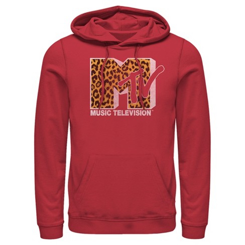 Men s MTV Cheetah Print Logo Pull Over Hoodie Red Small