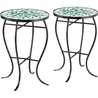 Teal Island Designs Modern Black Round Outdoor Accent Tables Set of 2 14" Wide Aqua Green Mosaic Tabletop Porch Patio Home House