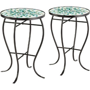 Teal Island Designs Modern Black Round Outdoor Accent Side Tables 14" Wide Set of 2 Aqua Green Mosaic Tabletop Front Porch Patio Home House - 1 of 4
