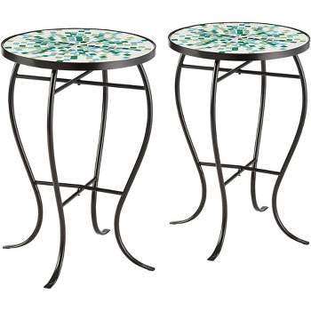 Teal Island Designs Modern Black Round Outdoor Accent Side Tables 14" Wide Set of 2 Aqua Green Mosaic Tabletop Front Porch Patio Home House