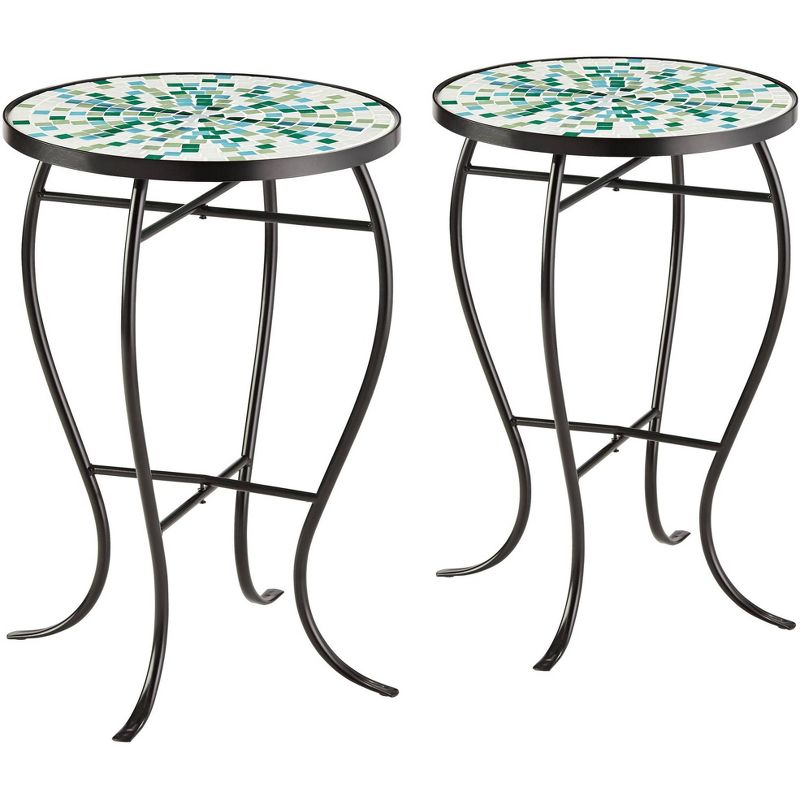 Teal Island Designs Modern Black Round Outdoor Accent Side Tables 14" Wide Set of 2 Aqua Green Mosaic Tabletop Front Porch Patio Home House, 1 of 8