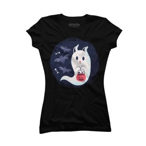 Junior's Design By Humans halloween ghost cat By ArtStyleAlice T-Shirt - 1 of 2