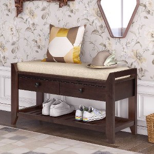 PAGED Storage Ottoman Bench with Beige Cushion, Wooden Ottoman with Storage -Drawers & Shoe Rack, Multipurpose Entryway Bench, Shoe Storage Bench - 1 of 4