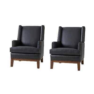Pedro Genuine Leather Arm Chair with Solid Wood Frame and Removable Seat Cushion,Set of 2|ARTFUL LIVING DESIGN