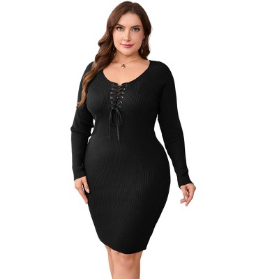 Plus Size Women's Ribbed Knit Bodycon Dress Long Sleeve Front Lace-Up Sweater Dress