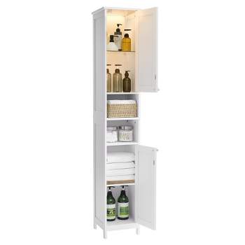 VASAGLE Tall Bathroom Cabinet with Lights,  Freestanding Narrow Cabinet with Adjustable Shelves Slim Storage Cabinet White