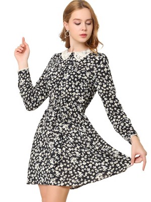 Allegra K Women's Peter Pan Collar Long Sleeve Half Placket Floral Dresses
