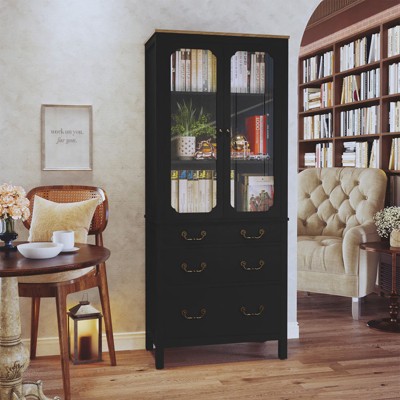 FONTOI Freestanding Storage Cabinet with 2 Tempered Glass Doors&Adjustable Shelves, Kitchen Pantry Cabinet for Kitchen, Black, 15.5"*71.6"*29.9"
