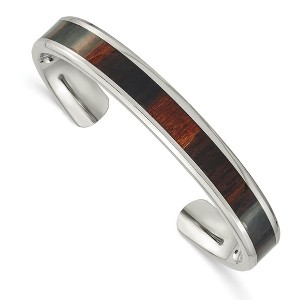 Black Bow Jewelry Men's 10mm Stainless Steel & Enameled Black Wood Inlay Cuff Bracelet - 1 of 4