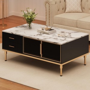 Coffee Table for Living Room, Faux Marble Coffee Table, with 4 Drawers and Glass Doors Storage, Metal Legs for Living Room, Bedroom - 1 of 4
